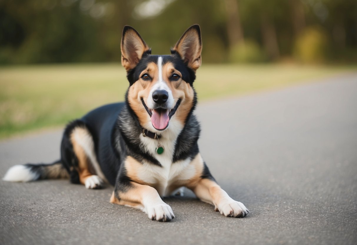 A calm, relaxed dog with a wagging tail and ears perked up, showing no signs of aggression