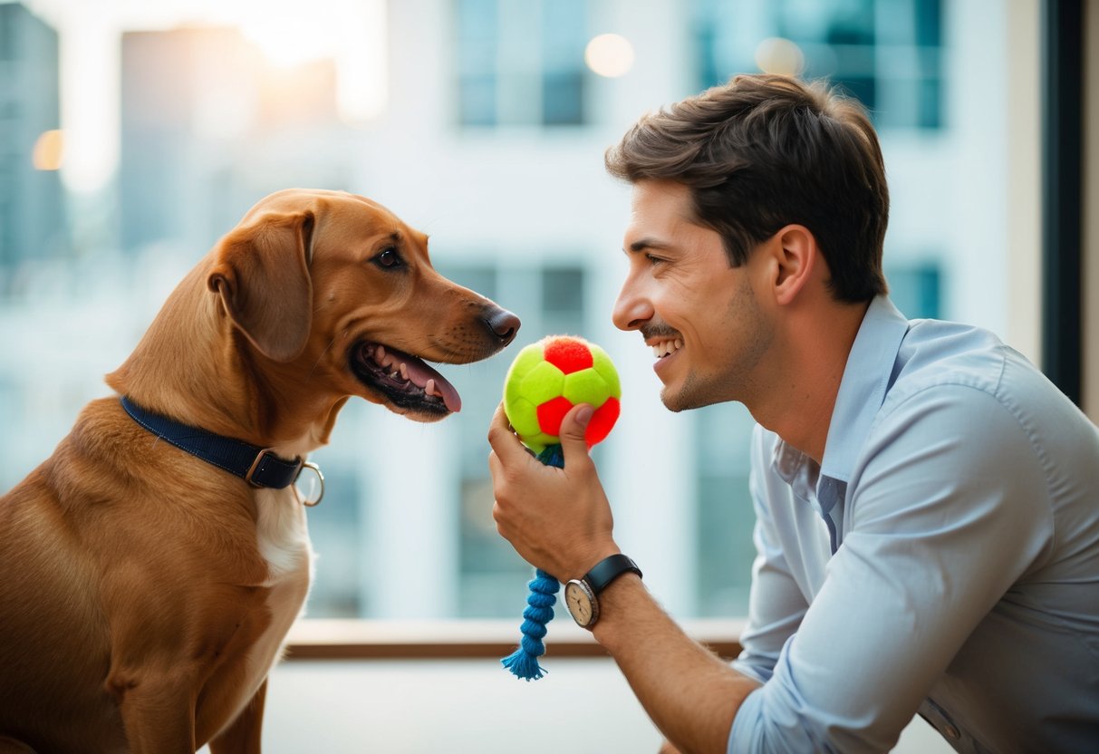 A dog and a human sitting face to face, exchanging a toy and making eye contact with a friendly and curious expression