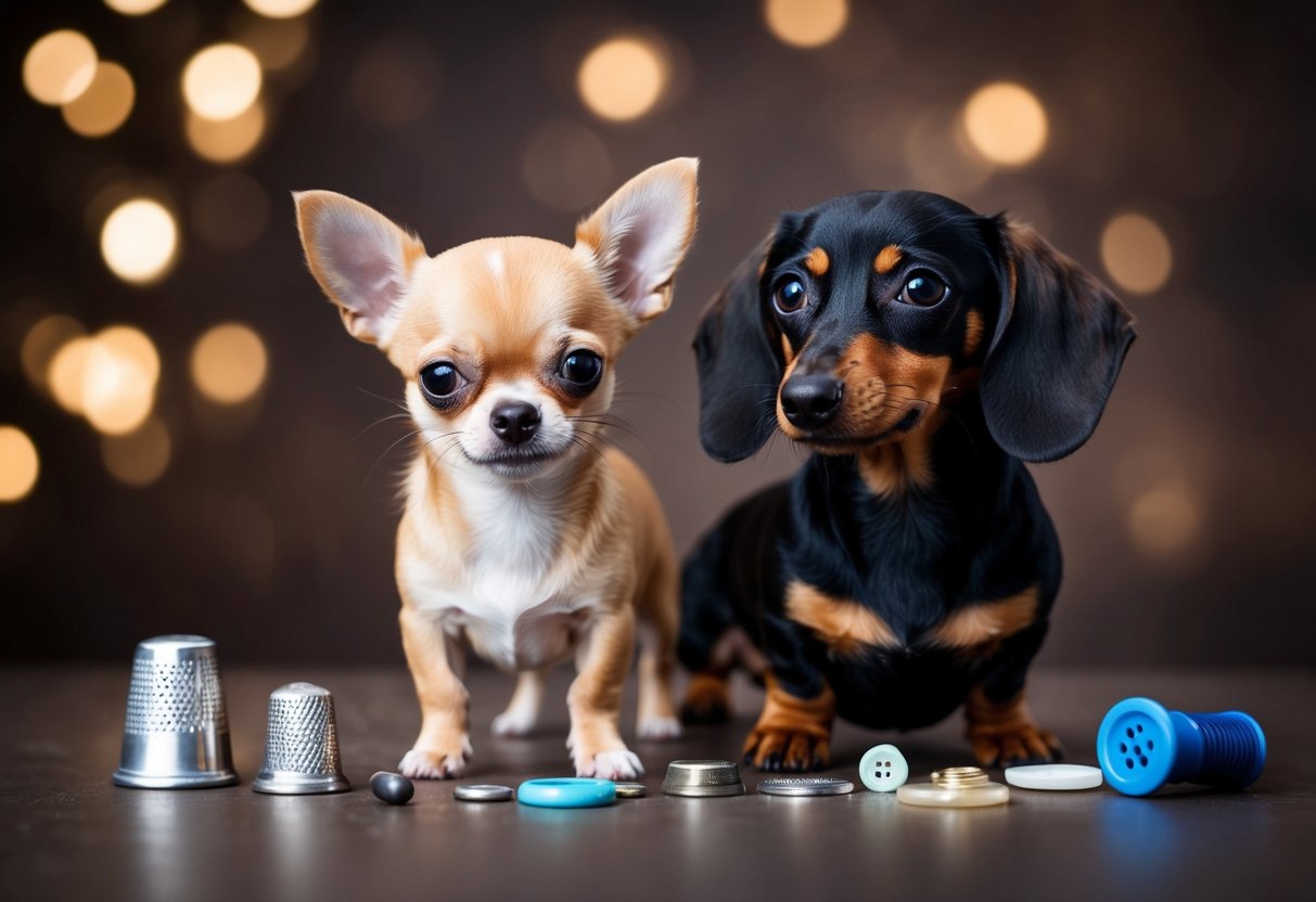 A tiny teacup Chihuahua stands next to a miniature dachshund, both surrounded by various small objects like a thimble and a button