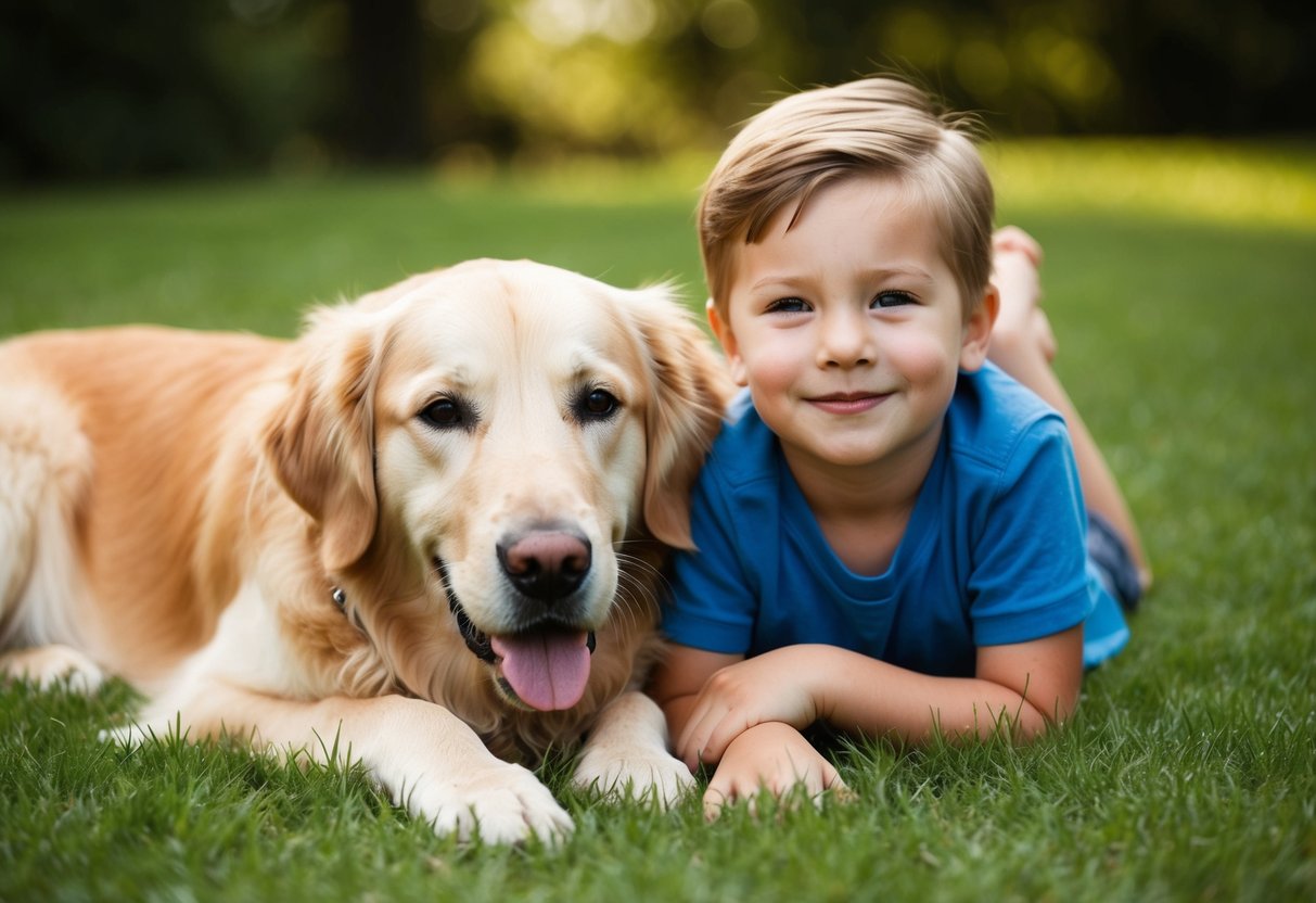 A golden retriever lying peacefully next to a child, both with relaxed and content expressions