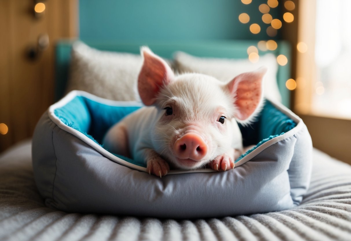 A tiny teacup pig snuggled in a cozy bed