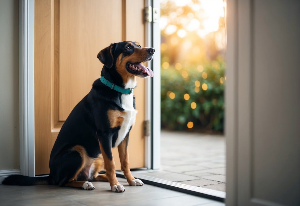 A dog sitting by a door, looking up at a human with a wagging tail and a hopeful expression