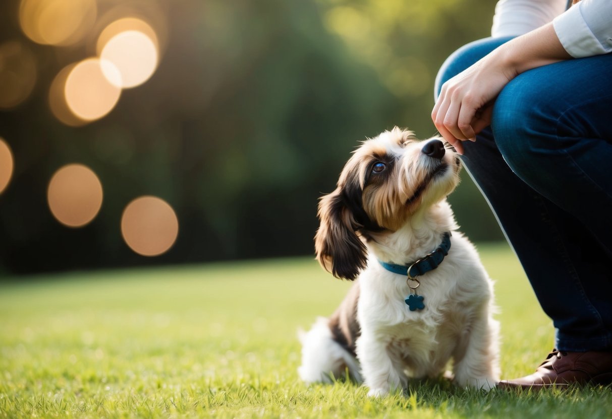 A dog nuzzling a person's leg, looking up with hopeful eyes