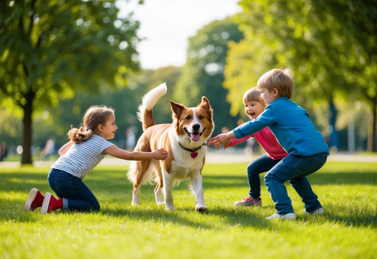 A happy, well-behaved dog playing with children in a park