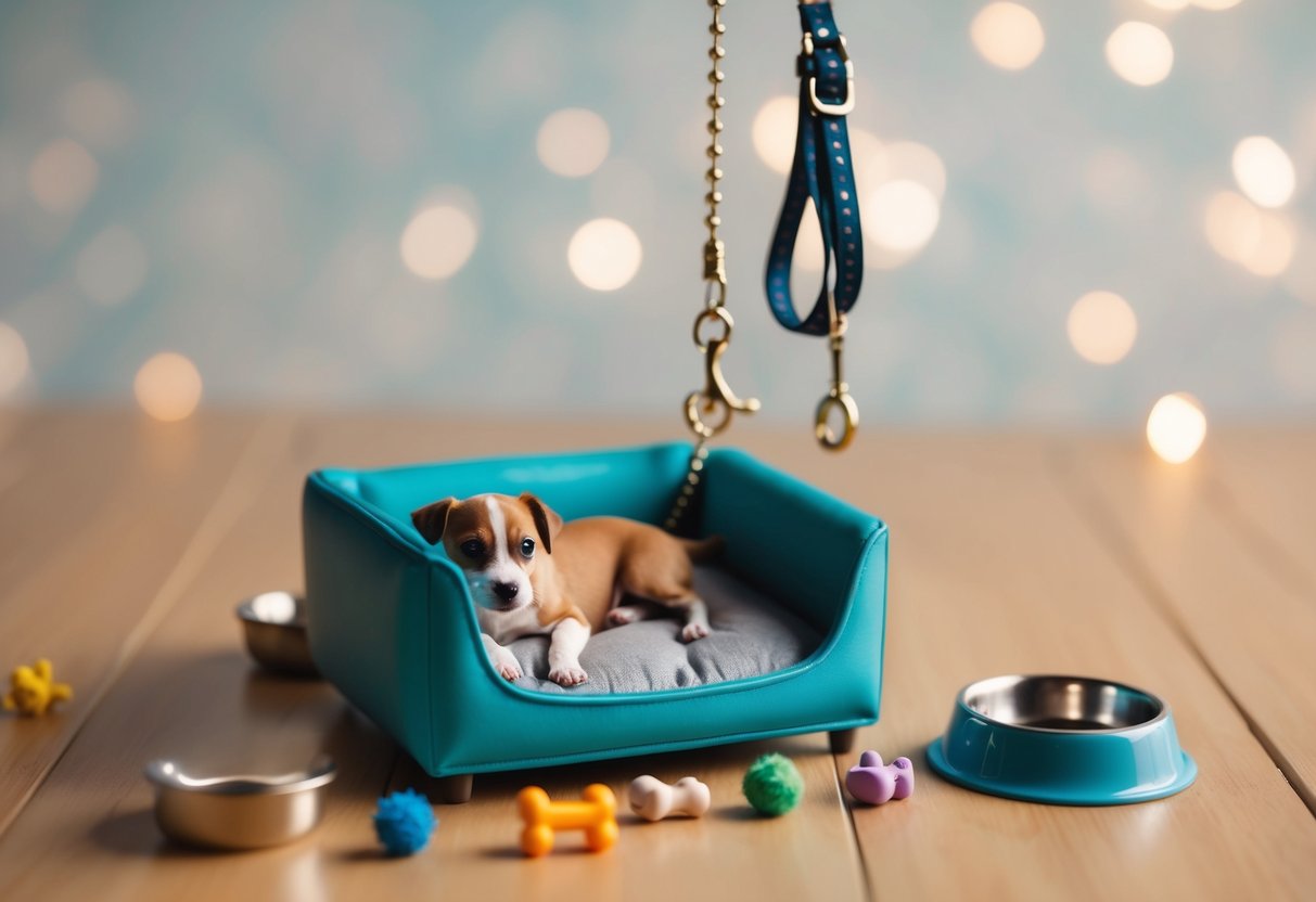A tiny dog bed with small toys scattered around, a miniature food and water bowl, and a tiny leash and collar hanging on a hook