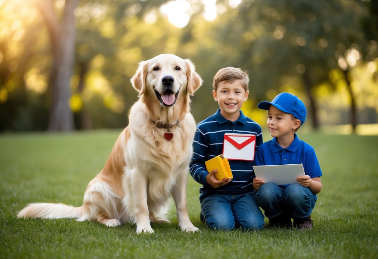 A happy golden retriever wagging its tail, sitting next to a child and a mail carrier
