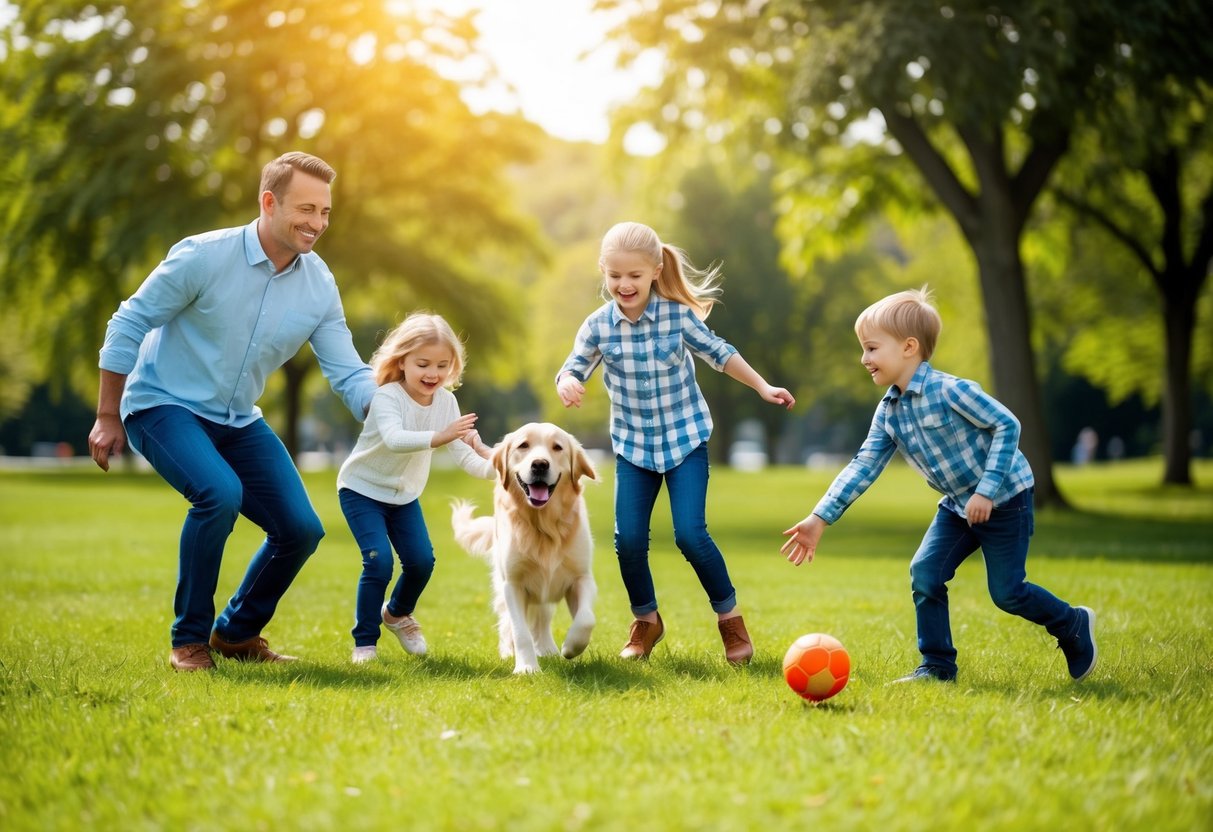 A happy family of four, including two young children, playing fetch with a golden retriever in a grassy park on a sunny day