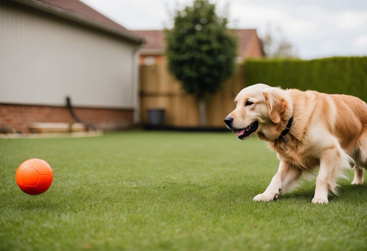 A golden retriever playing fetch in a green backyard