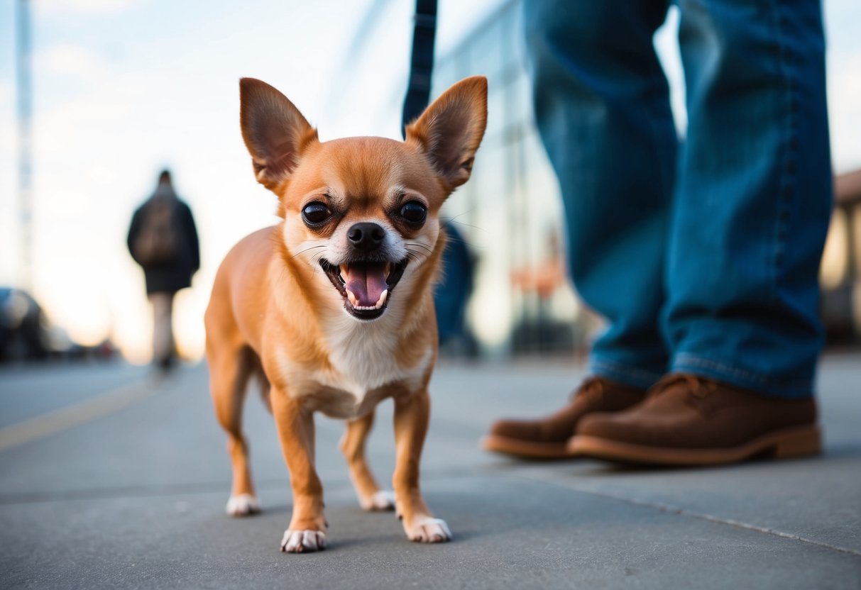 A chihuahua baring its teeth, growling at a passerby