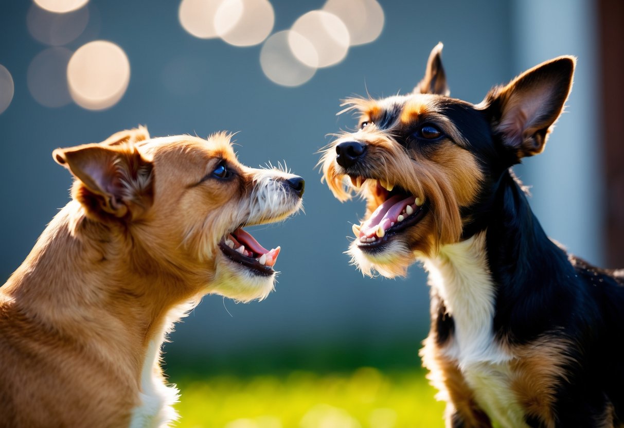 A small terrier baring its teeth and growling at another dog