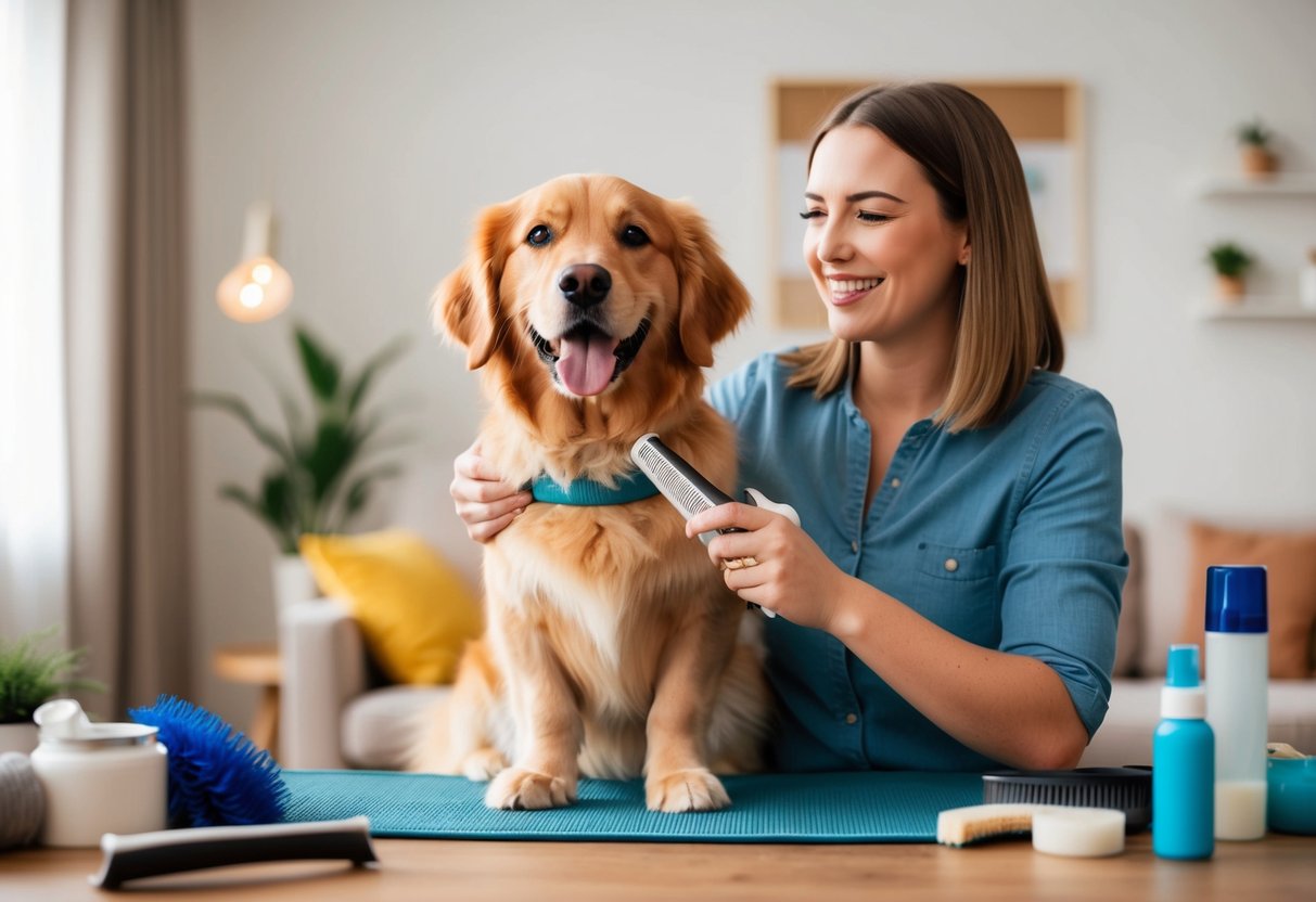A fluffy golden retriever happily being groomed by a smiling owner in a cozy living room with dog grooming supplies scattered around