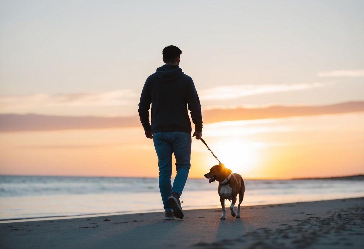 A person walking a happy dog along a beach at sunset, both enjoying the peaceful moment