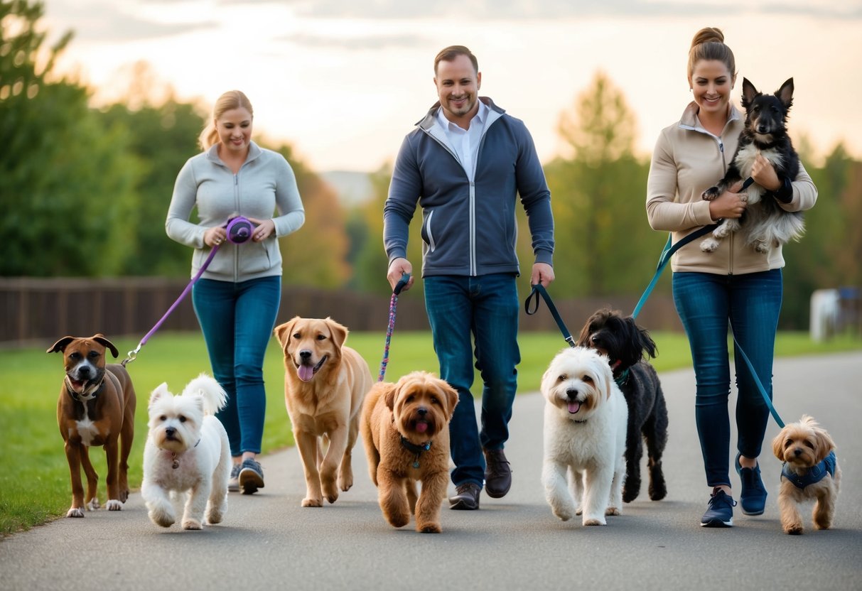 A variety of dog breeds in different sizes and colors, with owners engaging in activities such as walking, playing, and grooming their pets