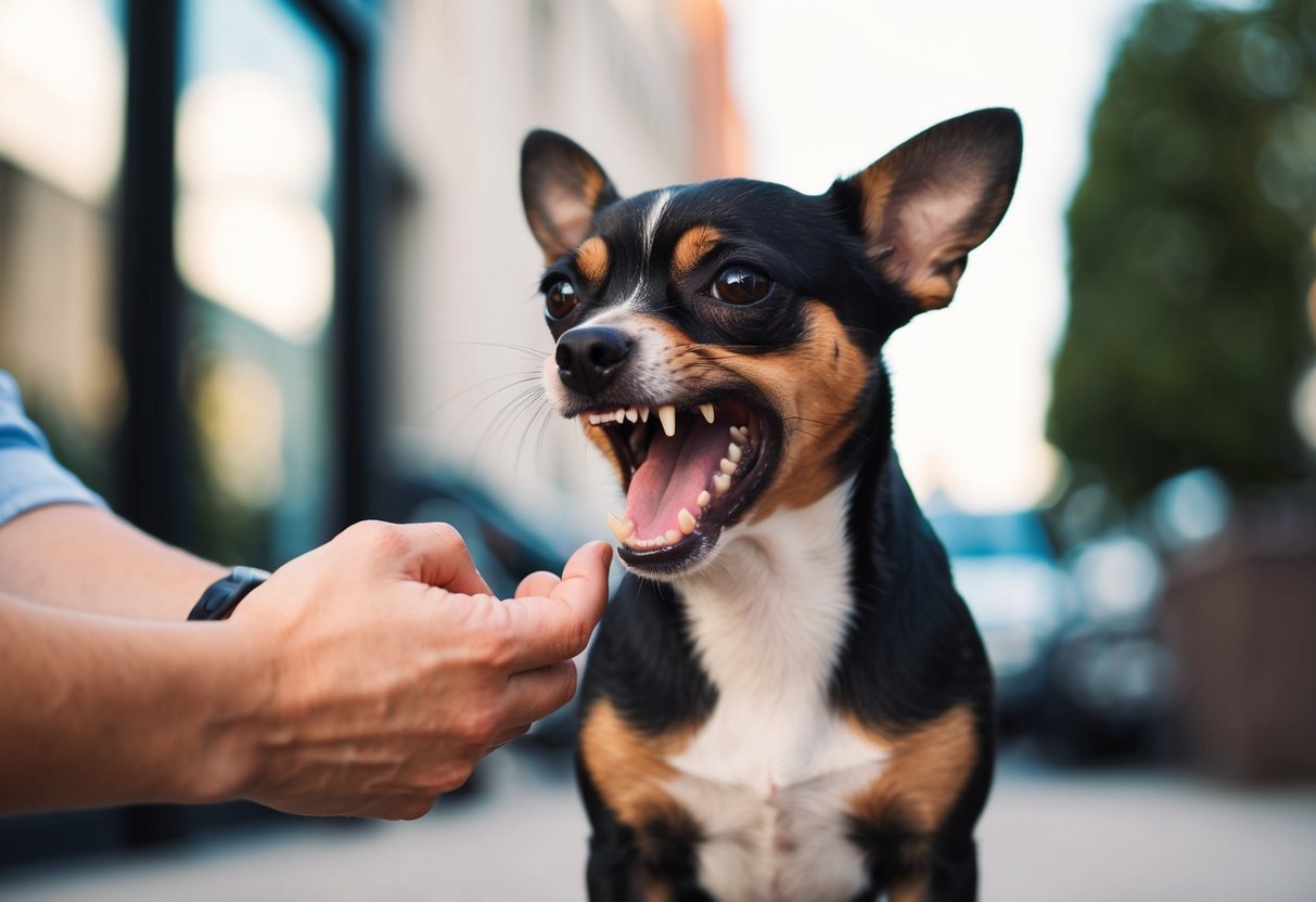A small dog baring its teeth and growling at a person or another animal