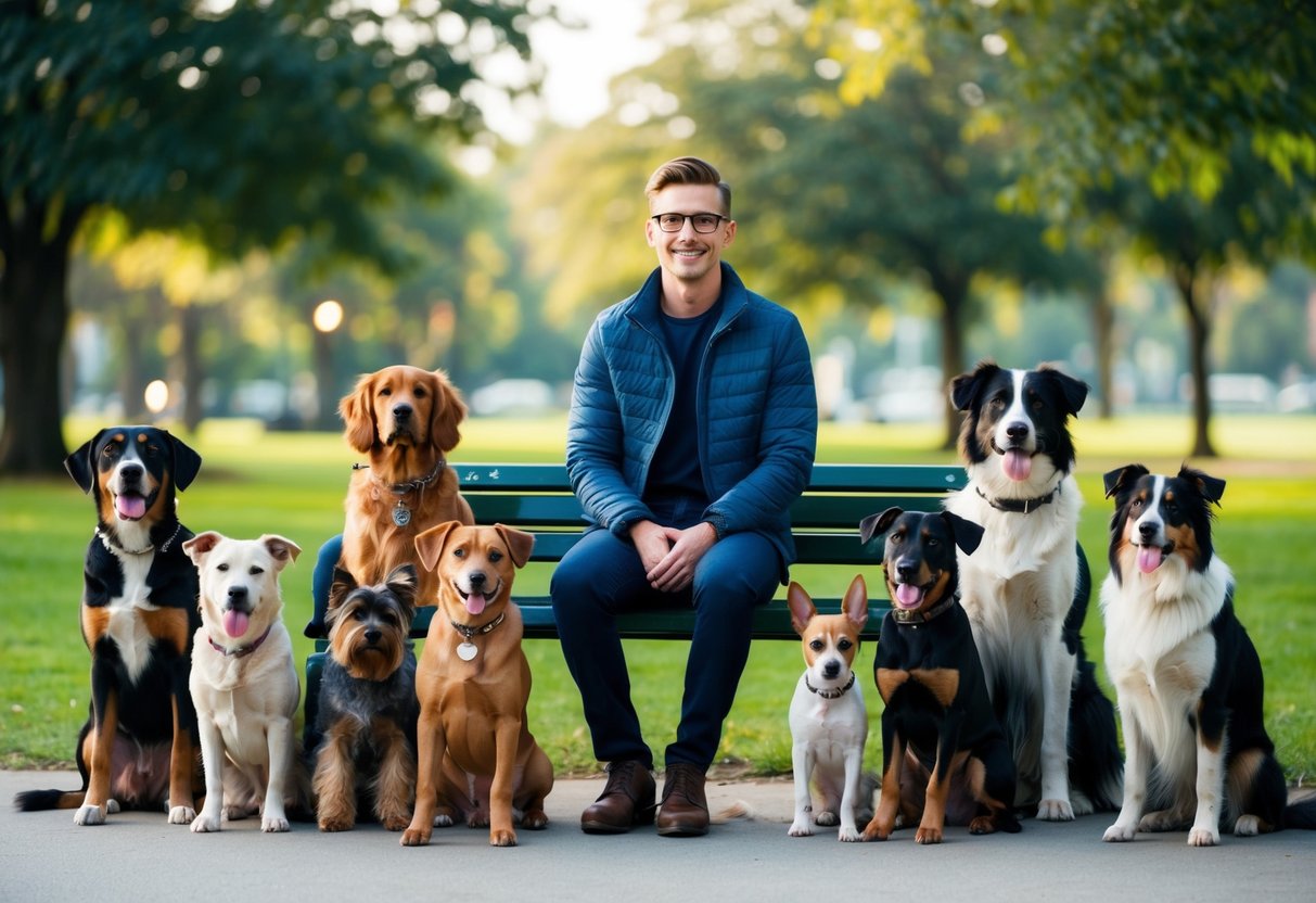 A person sitting on a park bench with a variety of dog breeds surrounding them, each displaying unique characteristics and personalities