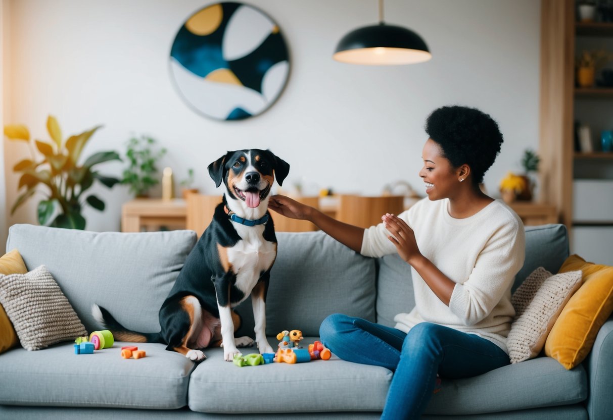 A happy dog sitting next to a family room sofa, surrounded by toys and treats, while being petted and praised by its owner