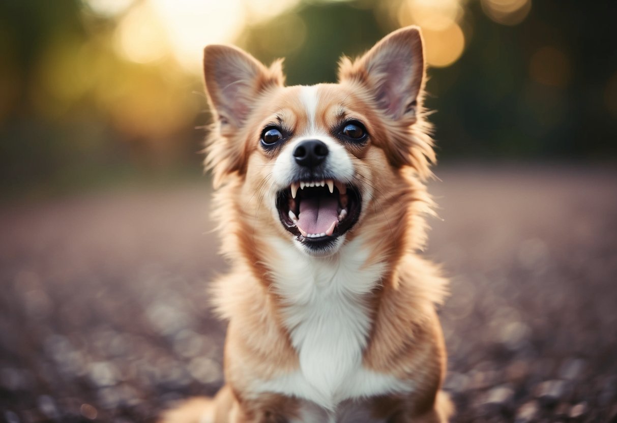 A small dog growling with raised hackles, teeth bared, and ears flattened