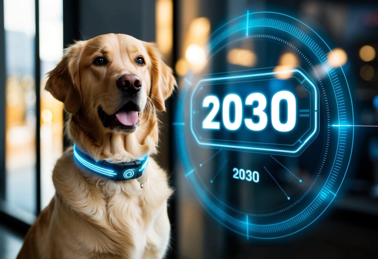 A golden retriever wearing a futuristic collar stands in front of a holographic display showing the year 2030