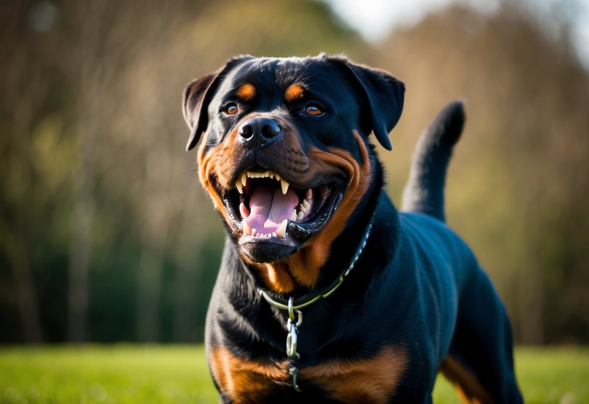 A snarling rottweiler bares its teeth, standing tall with fur raised