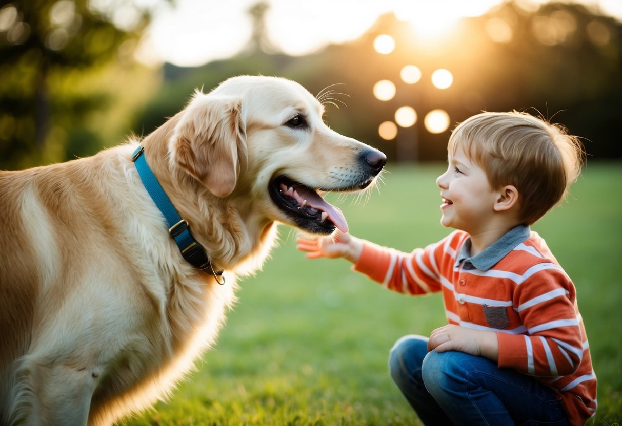 A golden retriever wagging its tail, approaching a child with a big smile