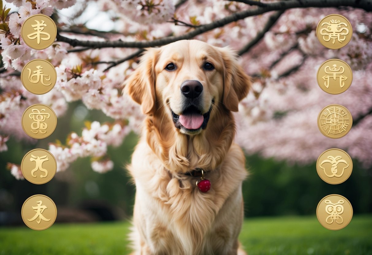A majestic golden retriever stands proudly beneath a cherry blossom tree, surrounded by traditional Chinese zodiac symbols