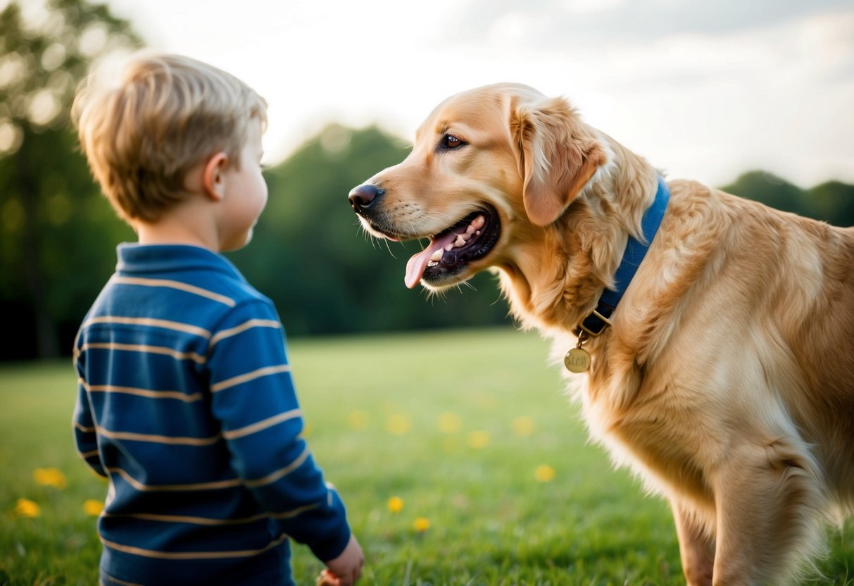 A golden retriever wagging its tail, approaching a child with a big smile