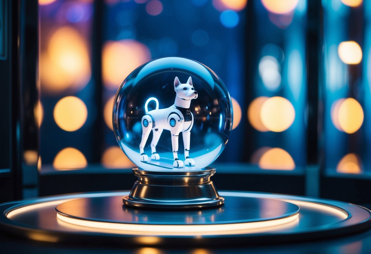A fortune teller's crystal ball reveals a futuristic robotic dog standing on a sleek, metallic platform, surrounded by glowing neon lights