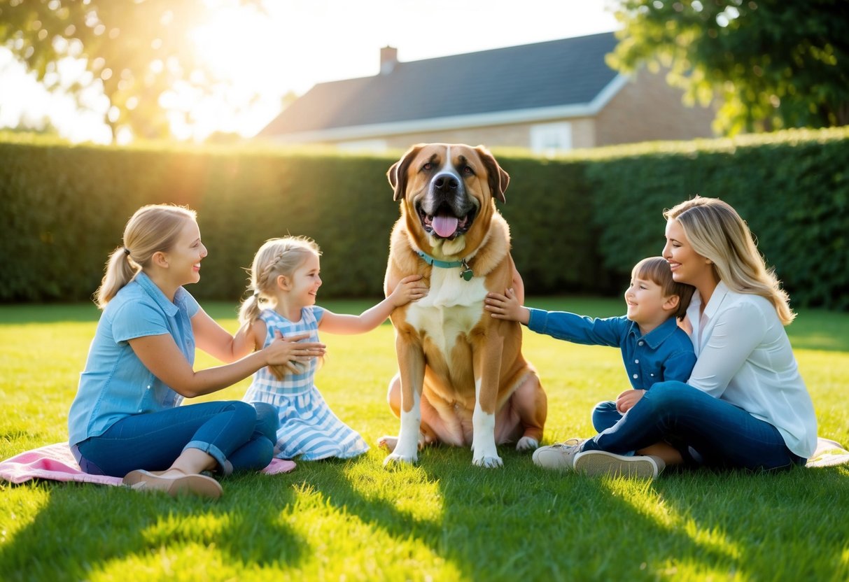 A big, friendly dog playfully interacts with a happy family in a spacious, sunlit backyard
