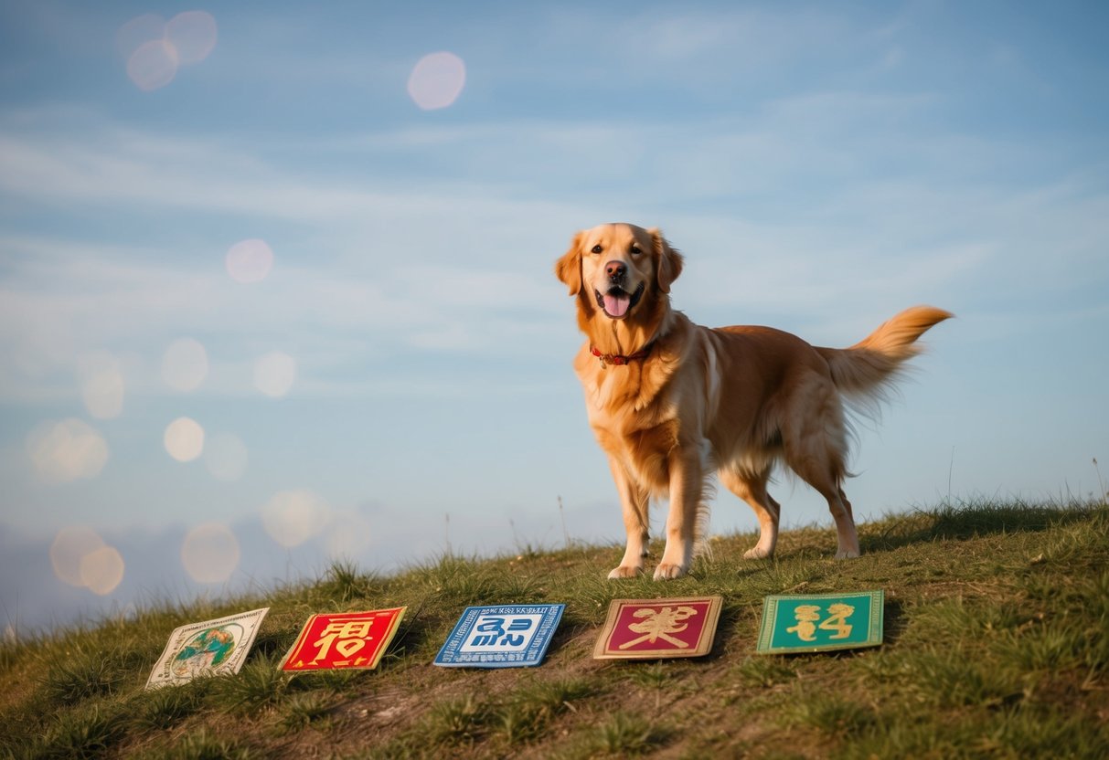 A golden retriever with a wagging tail stands on a hill under a clear sky, surrounded by symbols of luck and misfortune