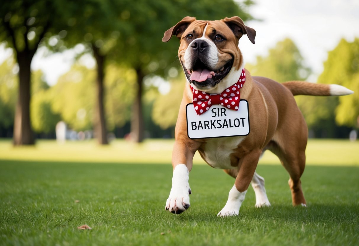 A large, goofy-looking dog wearing a polka-dot bowtie with a sign around its neck reading "Sir Barksalot" while chasing its own tail in a grassy park