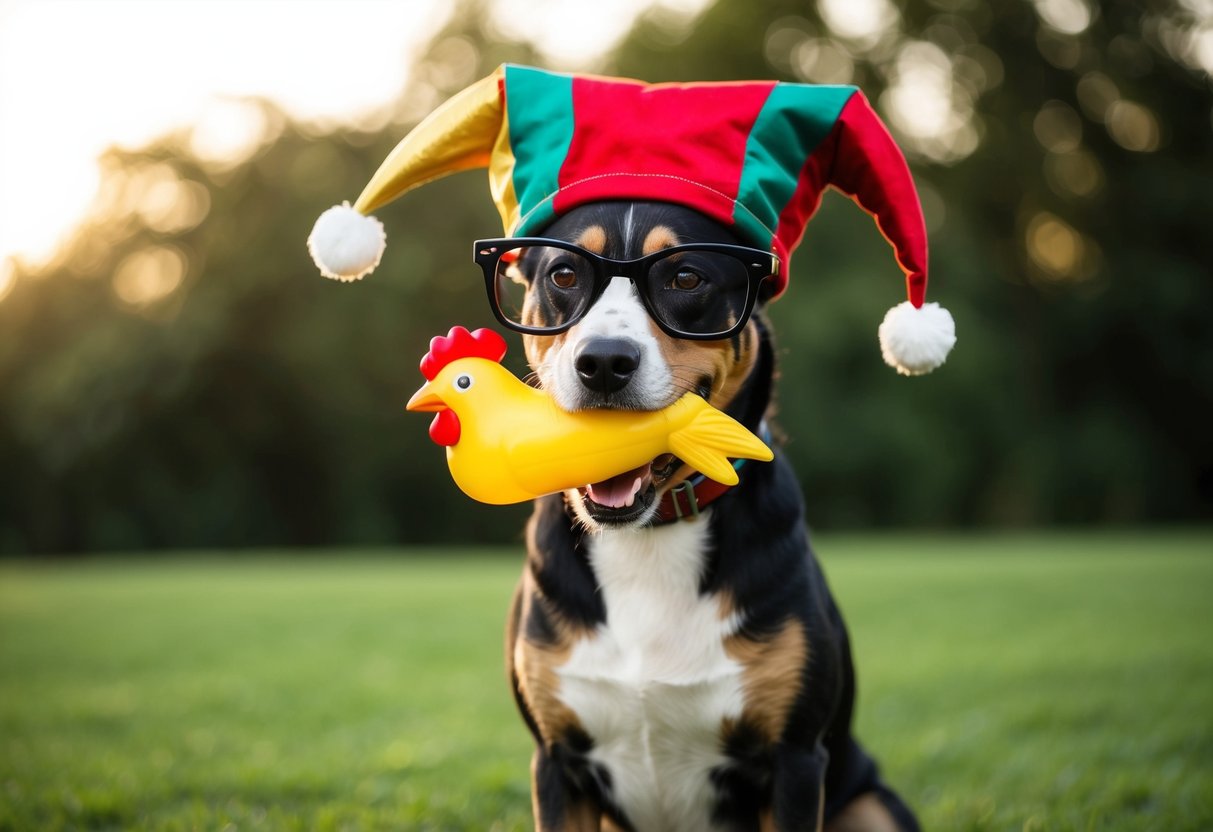 A dog wearing a jester hat and oversized glasses, holding a rubber chicken in its mouth while standing on its hind legs