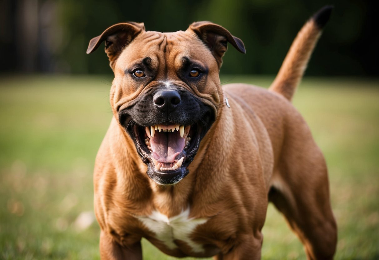 A snarling, muscular dog with sharp teeth and a menacing glare, standing in a defensive stance, ready to attack