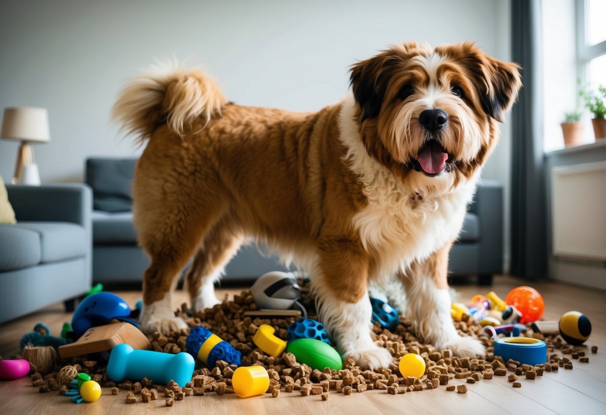 A large, energetic dog with a thick, unruly coat, standing amidst a pile of chewed-up toys and scattered household items