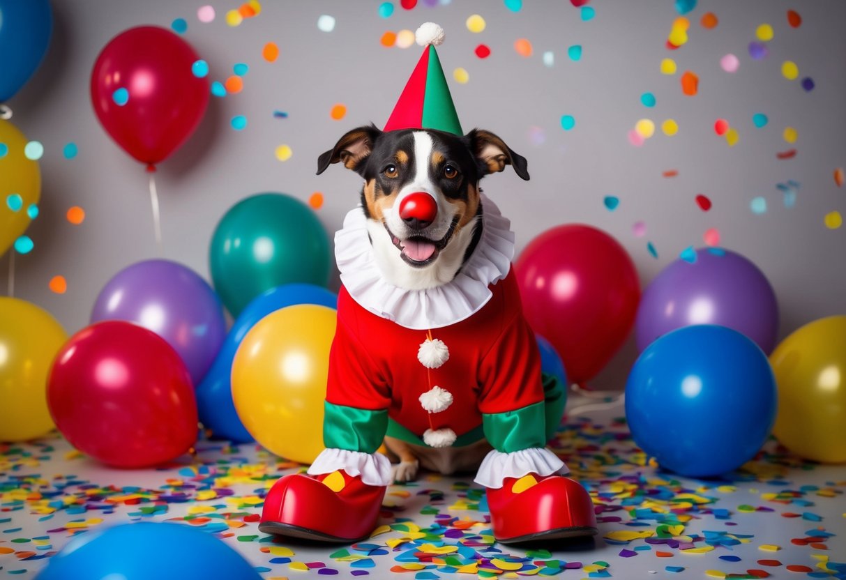A dog wearing a clown costume with a red nose and oversized shoes, surrounded by colorful balloons and confetti