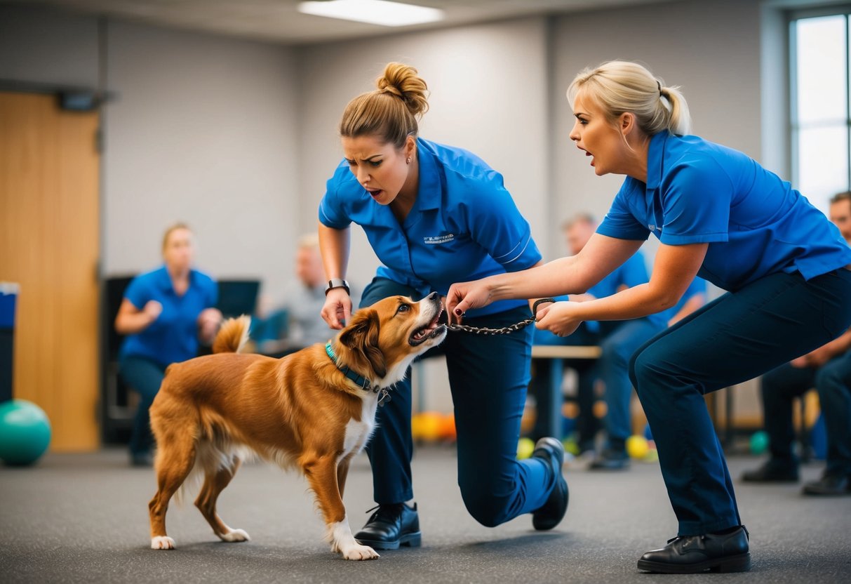 A frustrated trainer struggles to control a hyperactive, disobedient dog in a chaotic training class