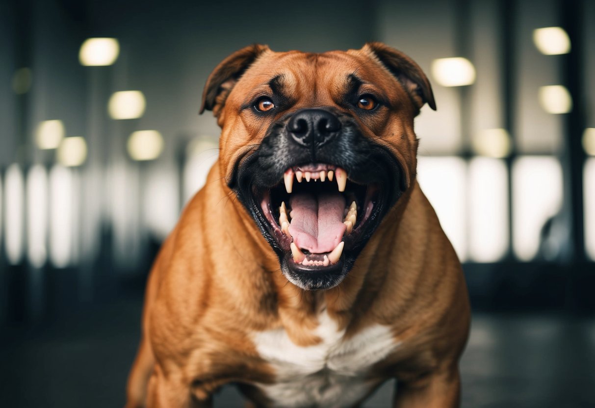 A snarling, muscular dog with sharp teeth and a menacing glare, standing in a defensive stance