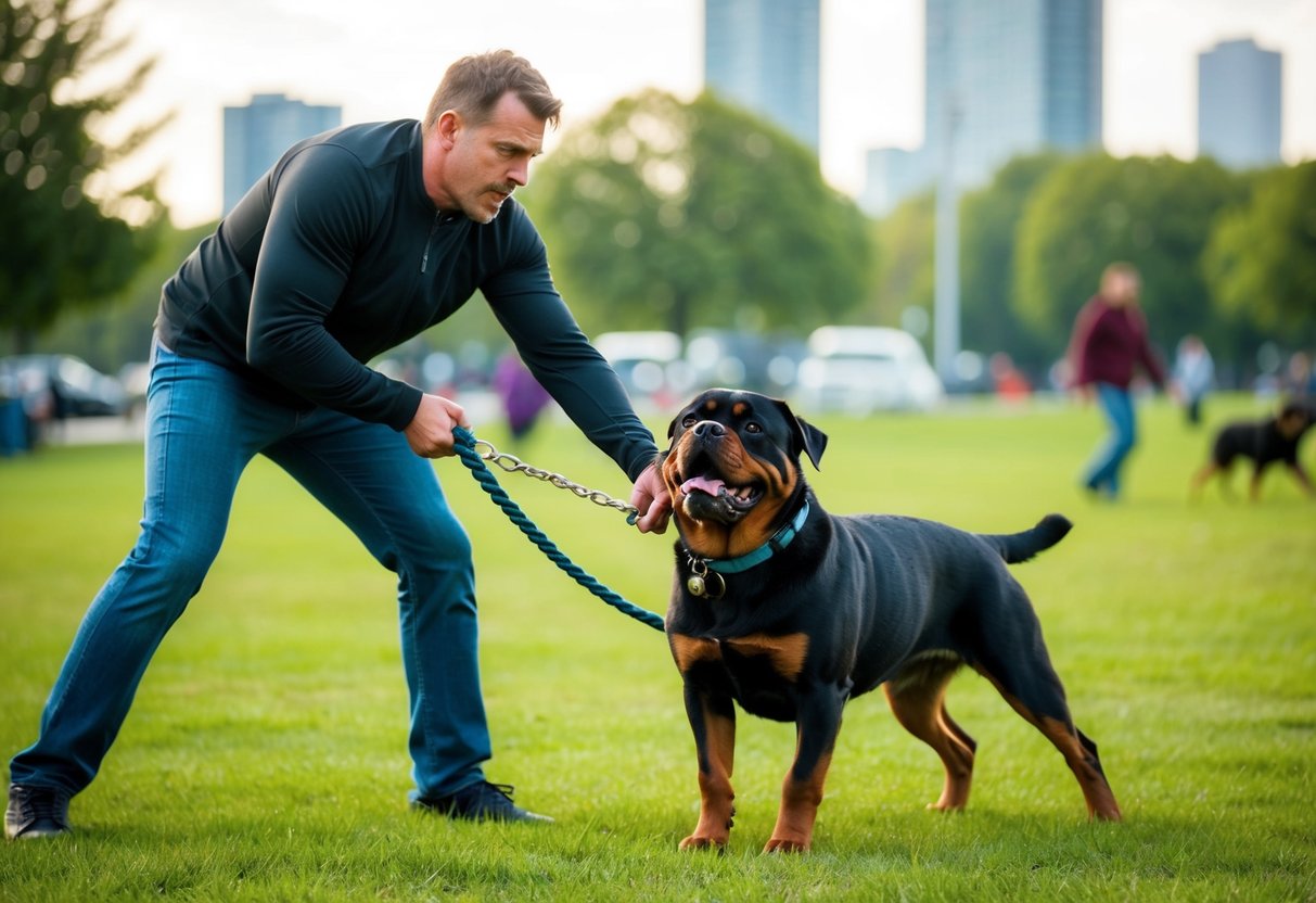 A frustrated owner struggles to control a stubborn and unruly Rottweiler during a training session in a busy park