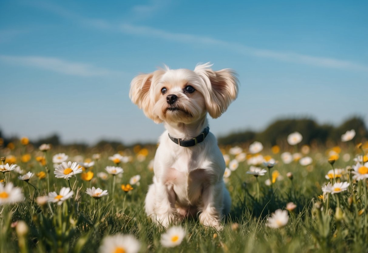 A small, fluffy white dog with floppy ears sits in a field of flowers, looking up at the clear blue sky