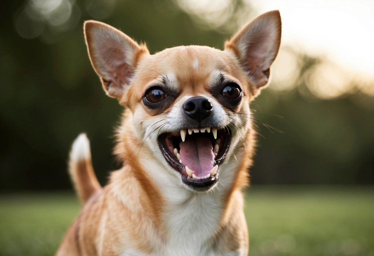 A snarling Chihuahua bares its teeth, ears pinned back, and eyes narrowed, ready to attack