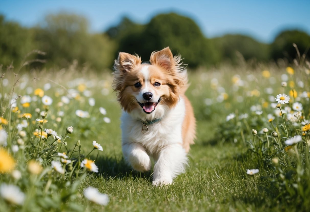 A happy, fluffy dog playing in a field of fresh flowers, with a clear blue sky and a gentle breeze