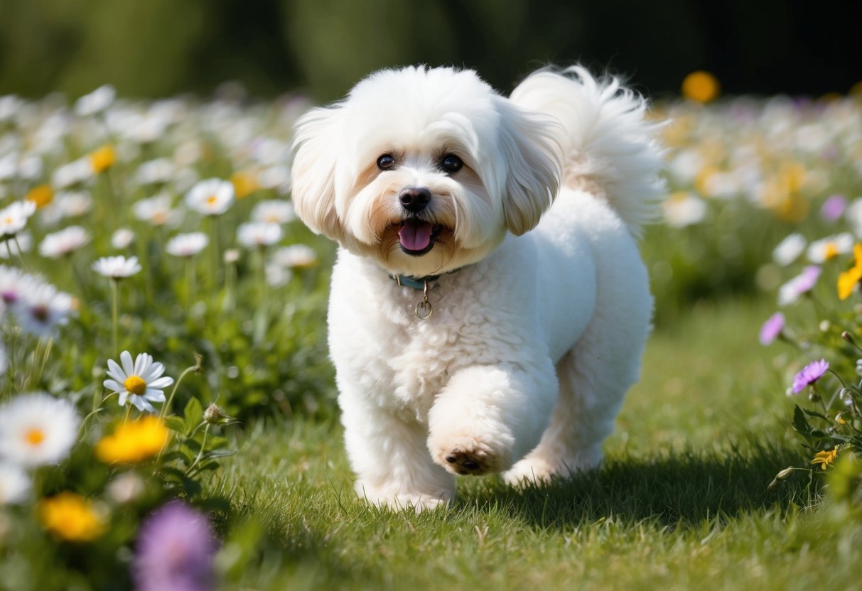 A fluffy, white Bichon Frise plays in a field of flowers, its coat pristine and odor-free