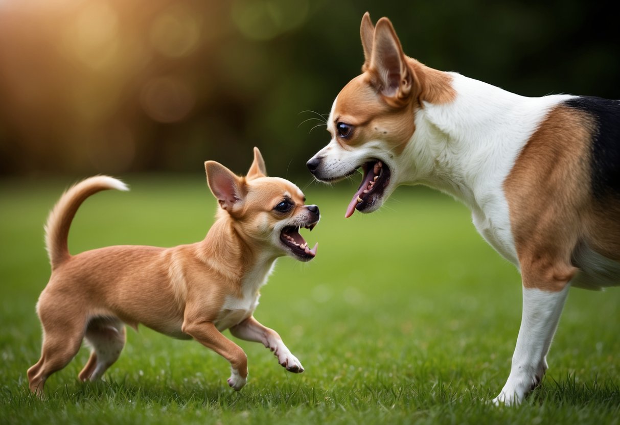 A snarling Chihuahua lunges with bared teeth at a larger dog, ears pinned back and eyes fixed in a fierce glare