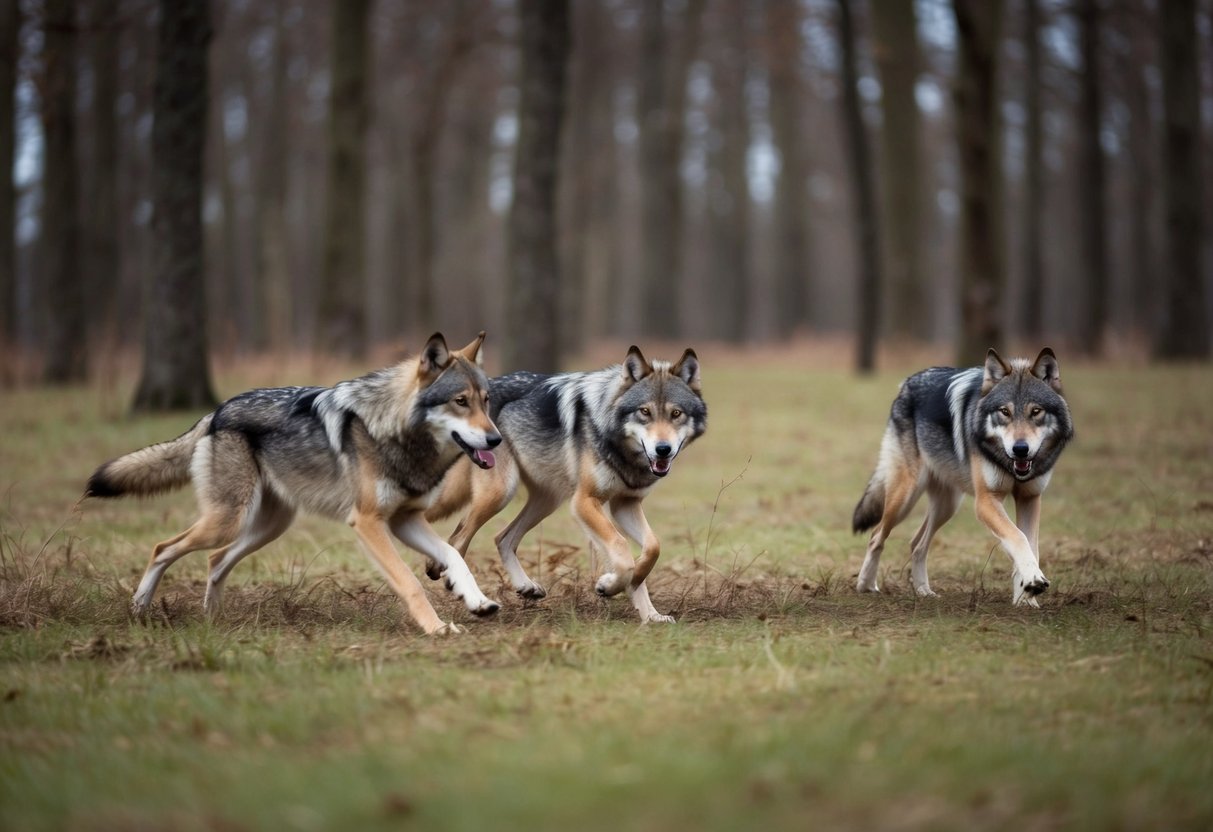 A pack of wolves hunting in a forest