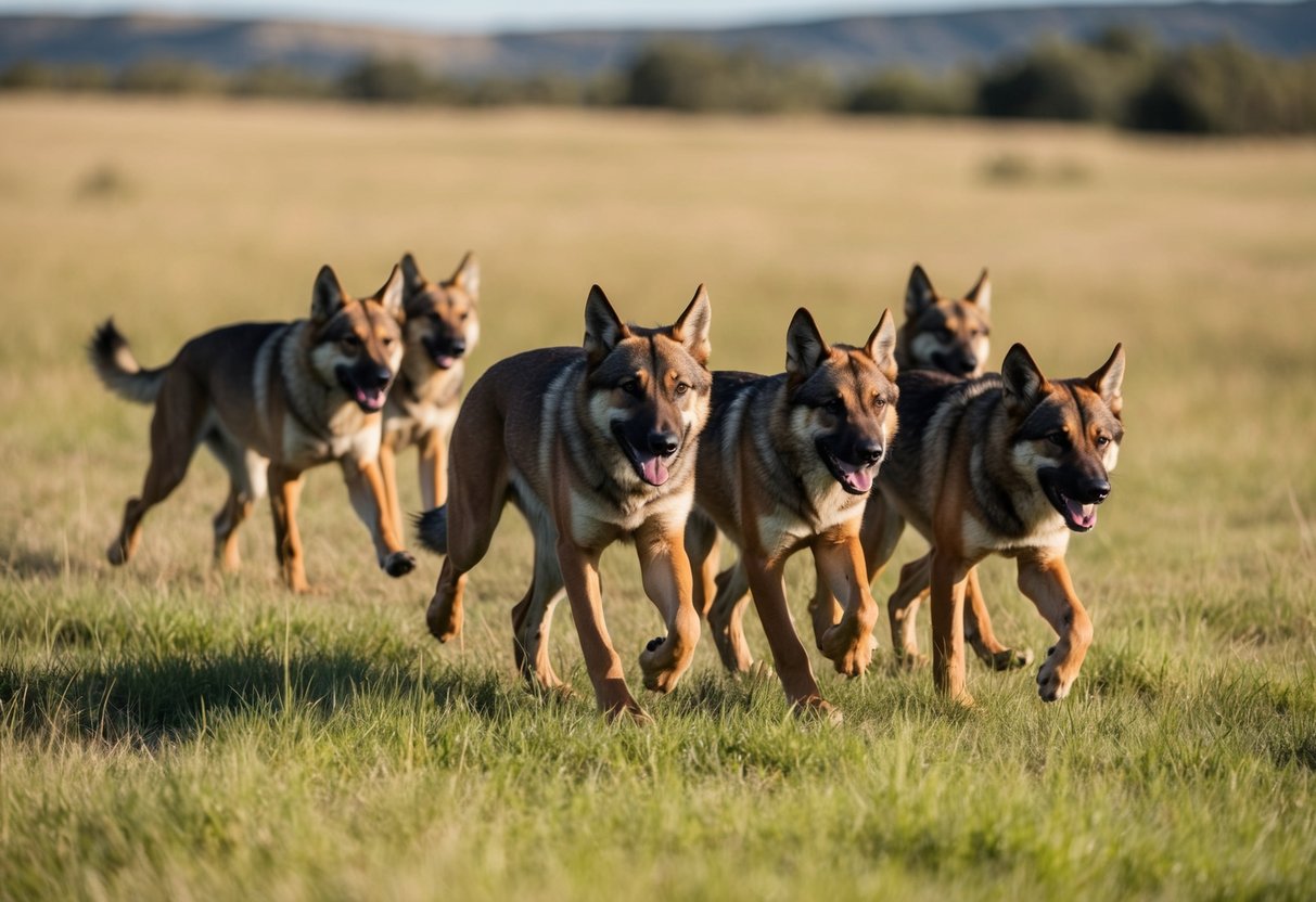 A pack of ancient canines roams the grassy plains, their primal instincts guiding them as they hunt for sustenance