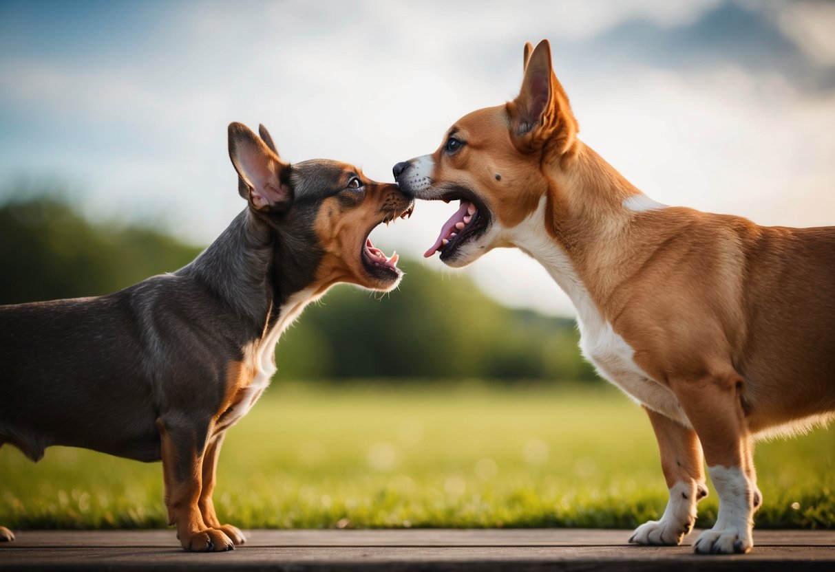 A small dog baring its teeth and growling at another dog, with raised hackles and a tense body posture