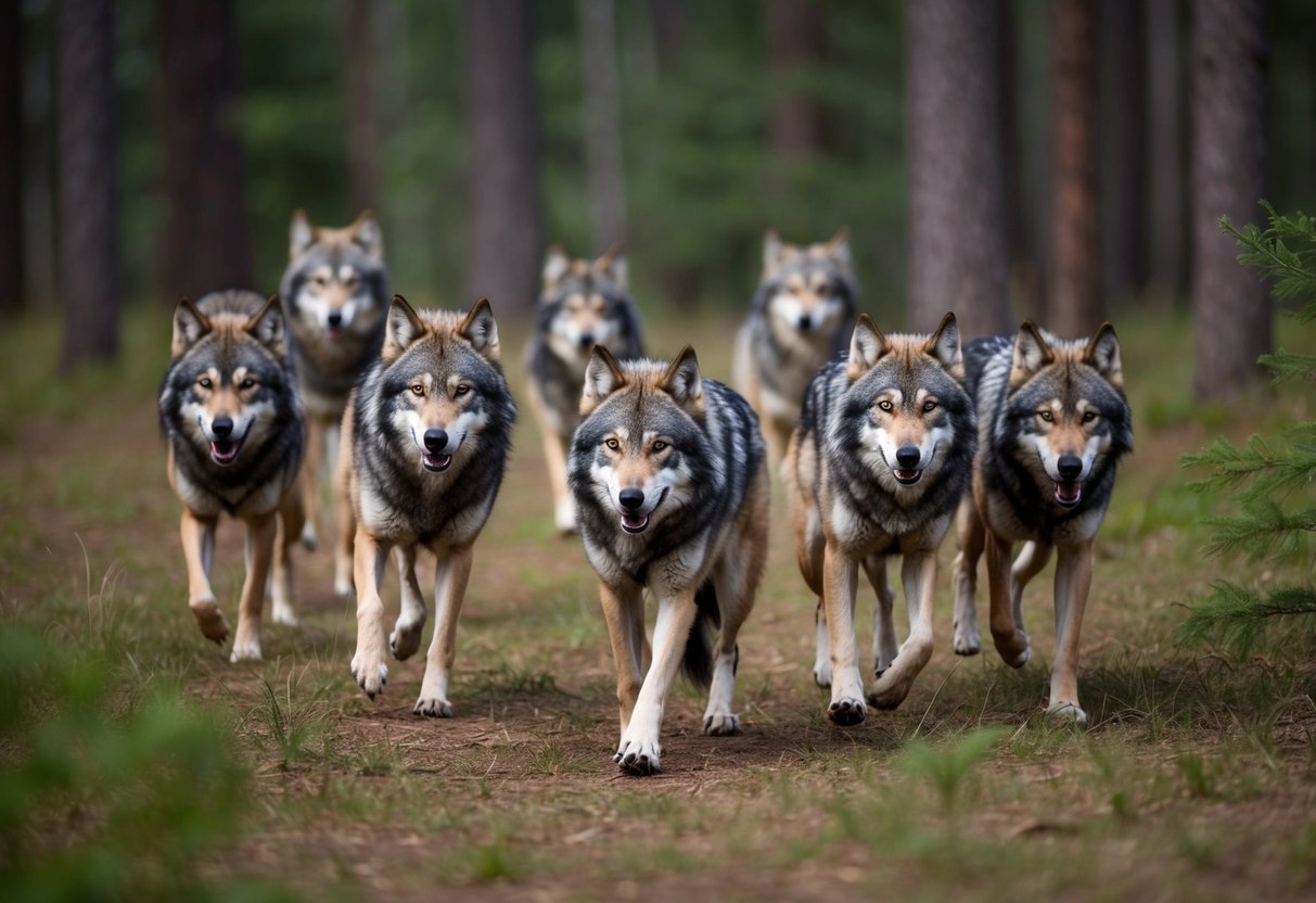 A pack of wolves roams freely through a dense forest, their untamed presence evident in their fierce, wild eyes and powerful, muscular bodies