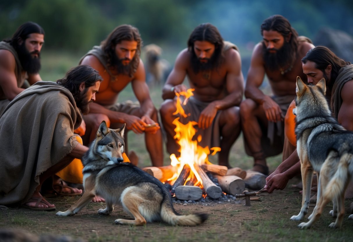 A group of ancient humans gather around a campfire, surrounded by their loyal wolf companions. The humans and wolves share a bond as they work together for survival