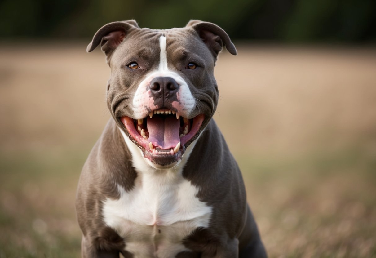 A snarling pit bull bares its teeth, standing tall and menacing, with fur bristling and eyes fixed on its target