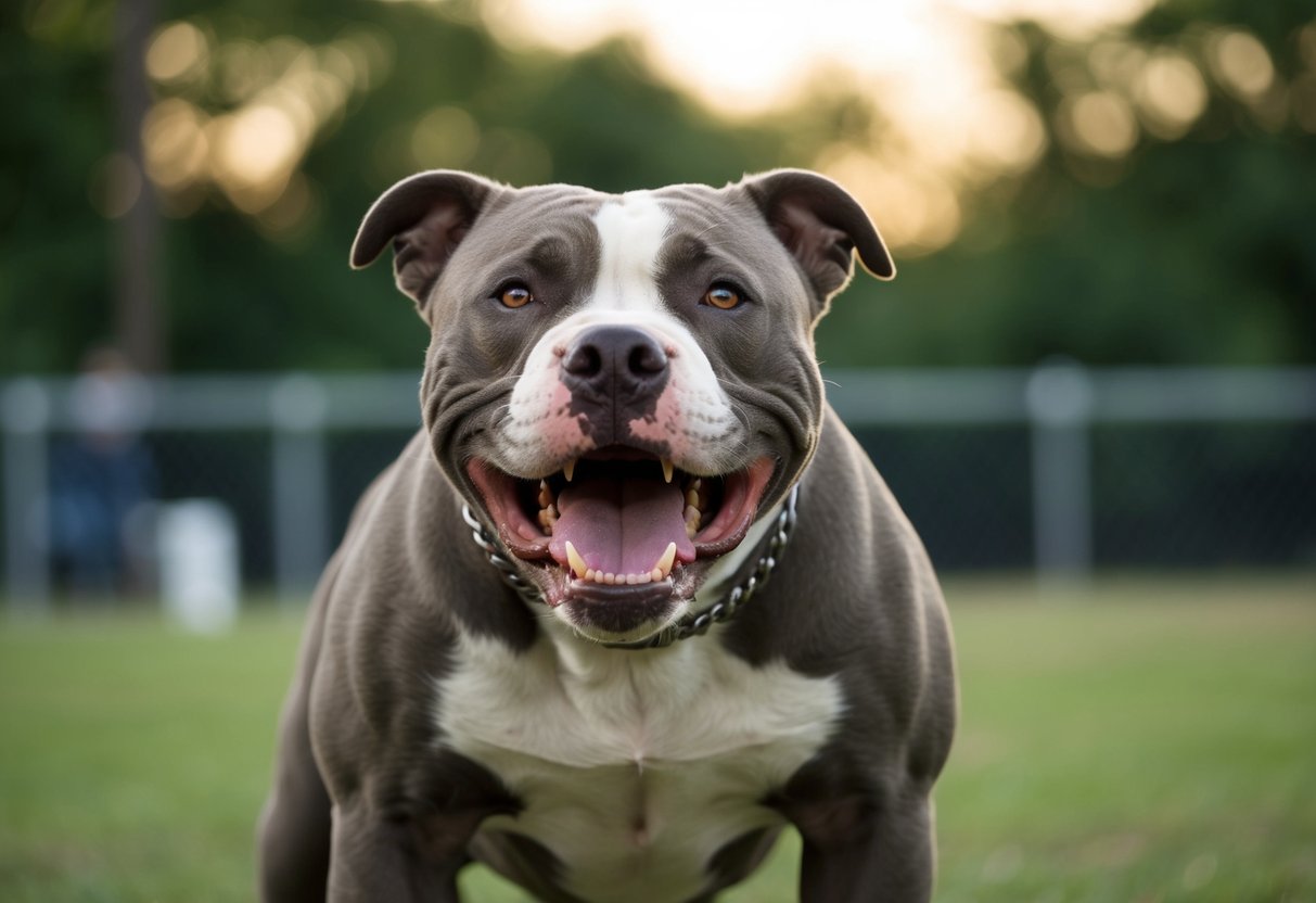A snarling pit bull stands guard, muscles tense, teeth bared, and eyes fixed on its target
