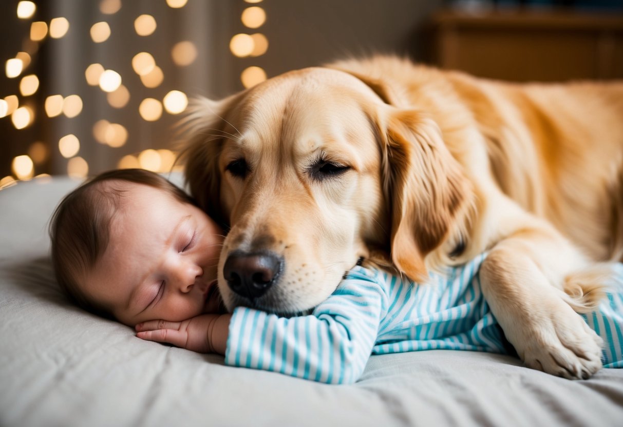 A golden retriever nuzzling a sleeping baby